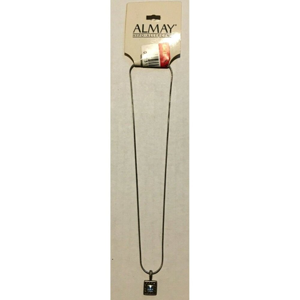 Almay Nickel-Free Hypo-Allergenic Ladies Necklace Silvertone. Blue Stone Pendant